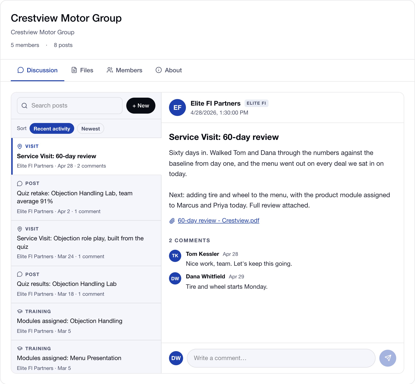 The Dealer Timeline in the dealer portal, showing an example store's posts and the 60 day review with comments from the principal and GM