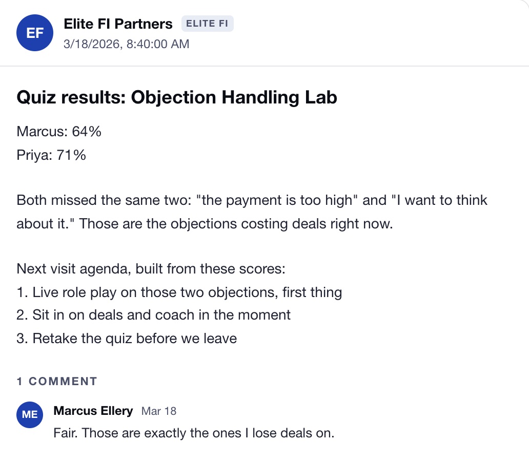 A quiz results post on an example Dealer Timeline: The quiz sets the next visit