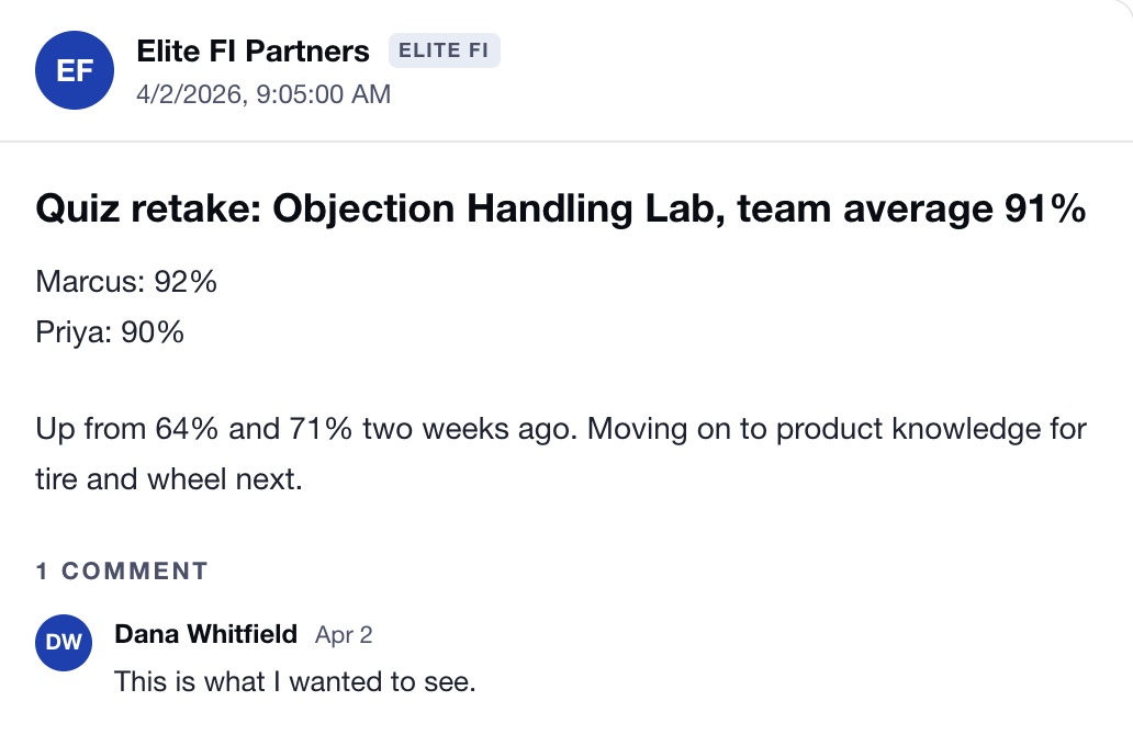 A quiz retake post on an example Dealer Timeline: The retake
