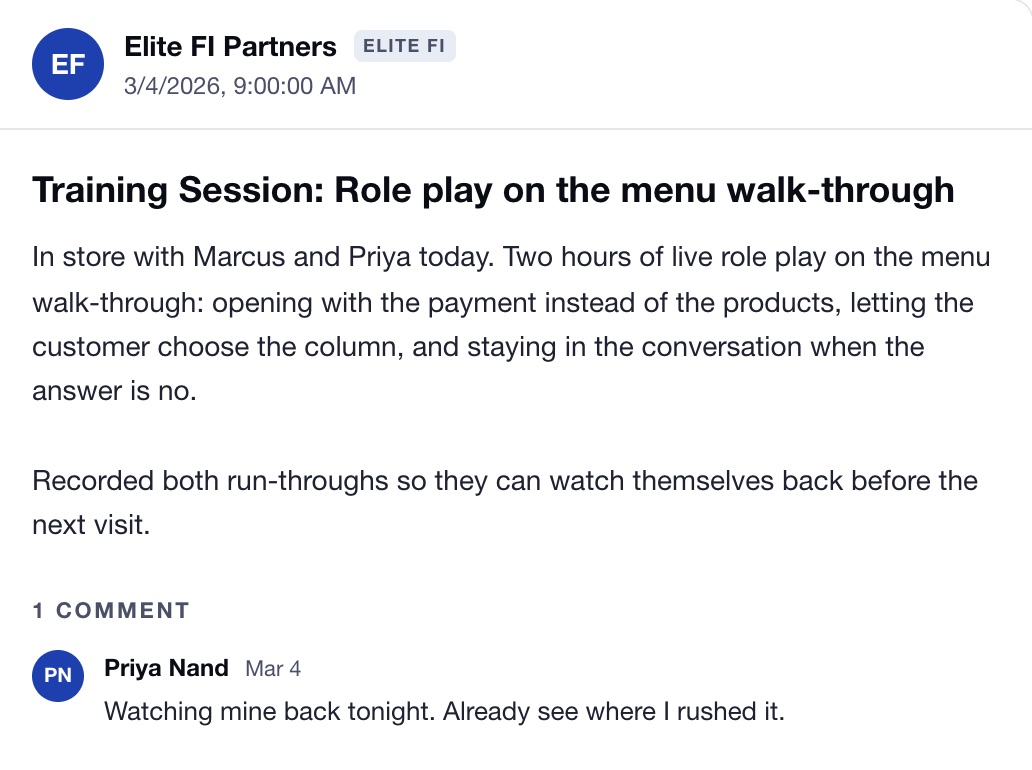 A training session post on an example Dealer Timeline: Role play in the store