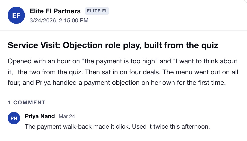 A store visit post on an example Dealer Timeline: A visit built from the quiz